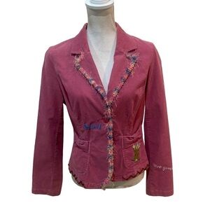 Context pink micro corduroy embroidered & patches fringe jacket size medium